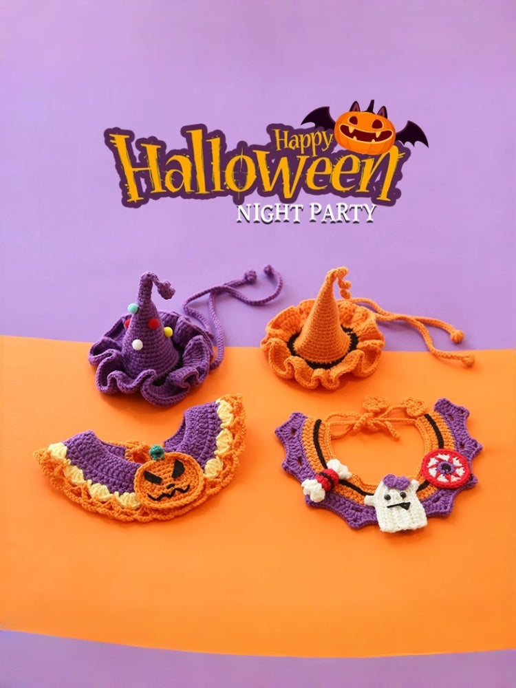 Hand-Knit Halloween Pet Collar Bib with Hat