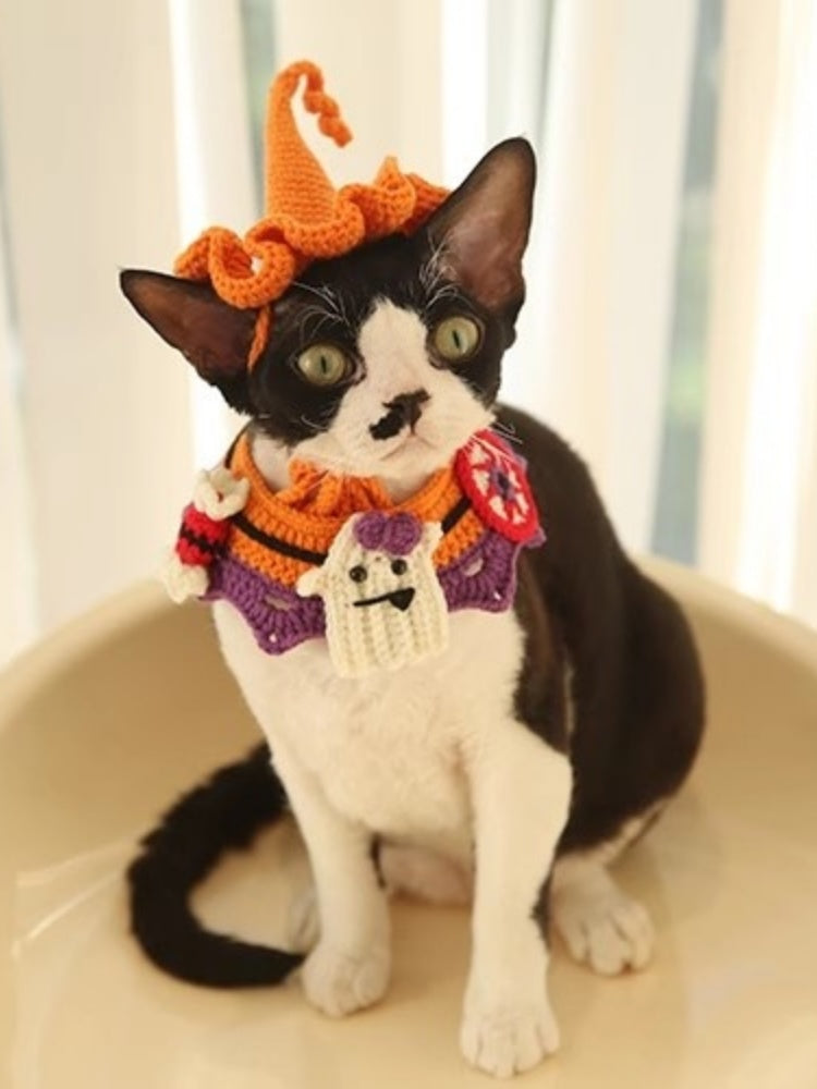 Hand-Knit Halloween Pet Collar Bib with Hat