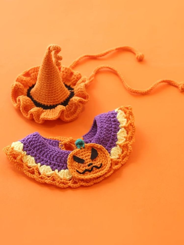 Hand-Knit Halloween Pet Collar Bib with Hat