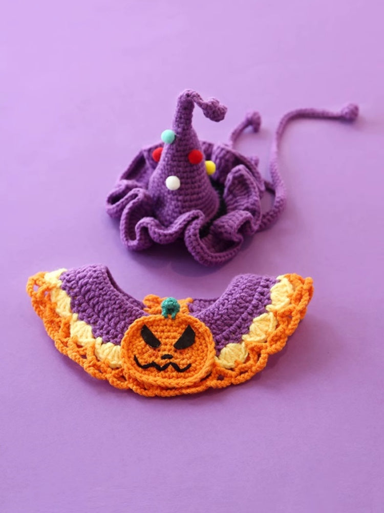 Hand-Knit Halloween Pet Collar Bib with Hat