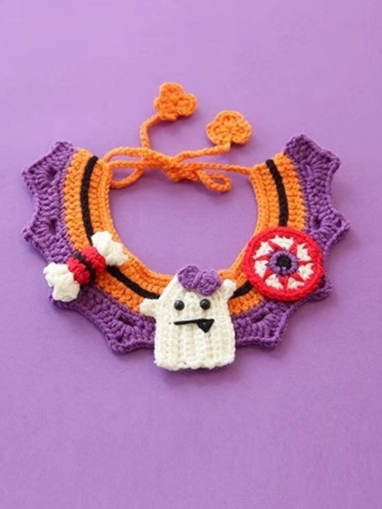 Hand-Knit Halloween Pet Collar Bib with Hat
