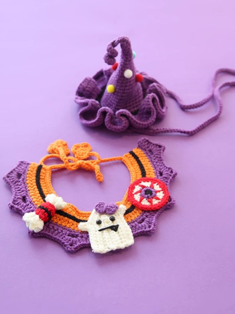 Hand-Knit Halloween Pet Collar Bib with Hat
