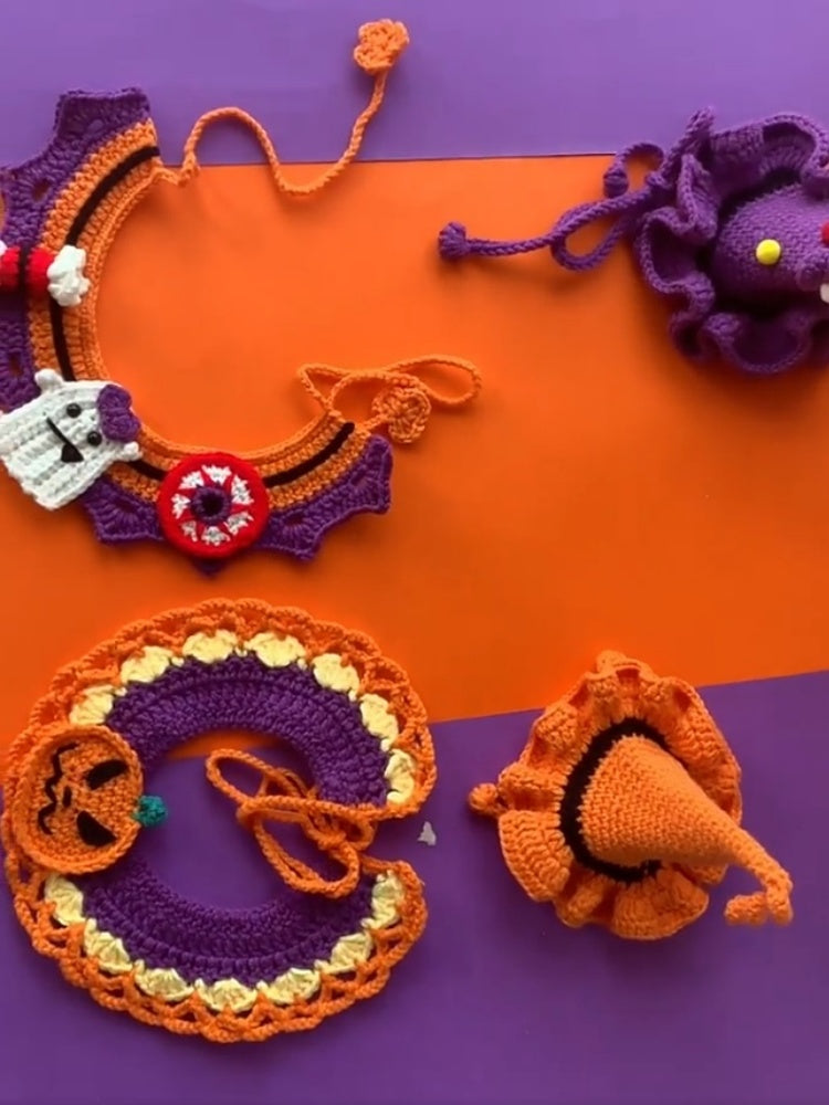 Hand-Knit Halloween Pet Collar Bib with Hat