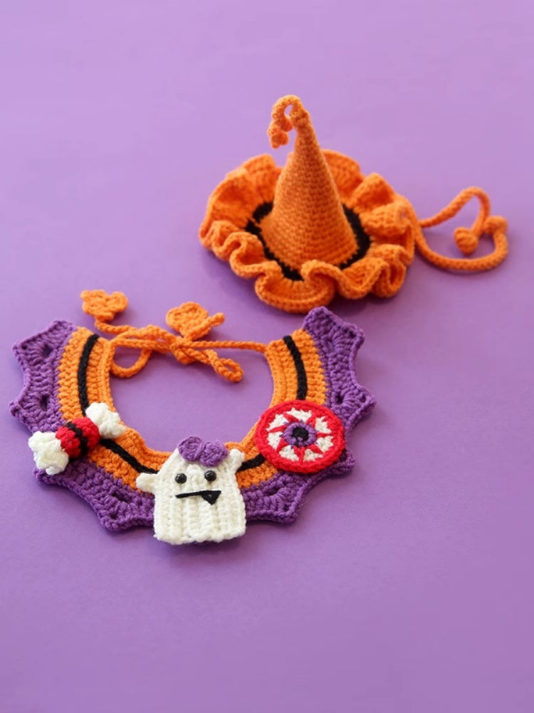 Hand-Knit Halloween Pet Collar Bib with Hat