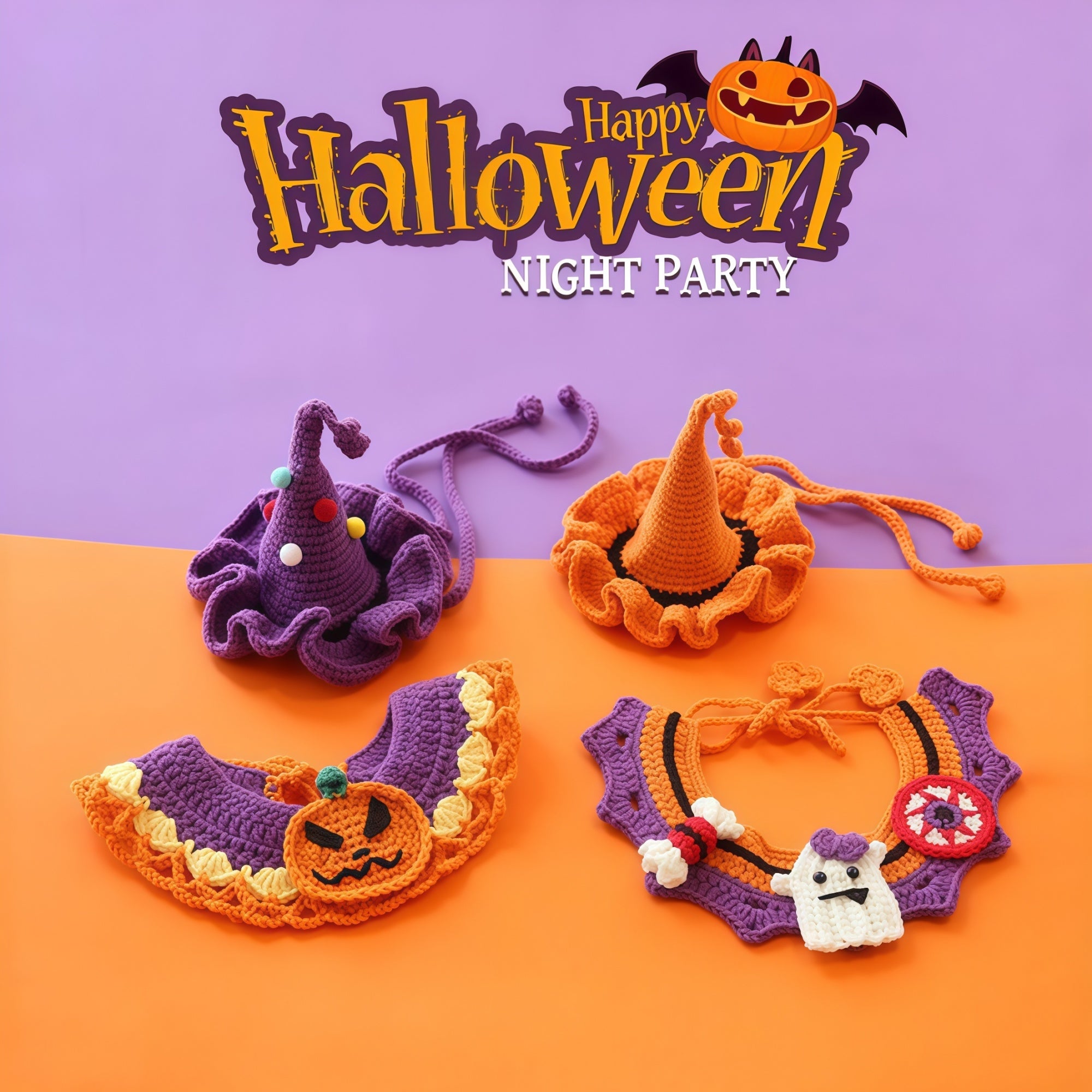 Hand-Knit Halloween Pet Collar Bib with Hat