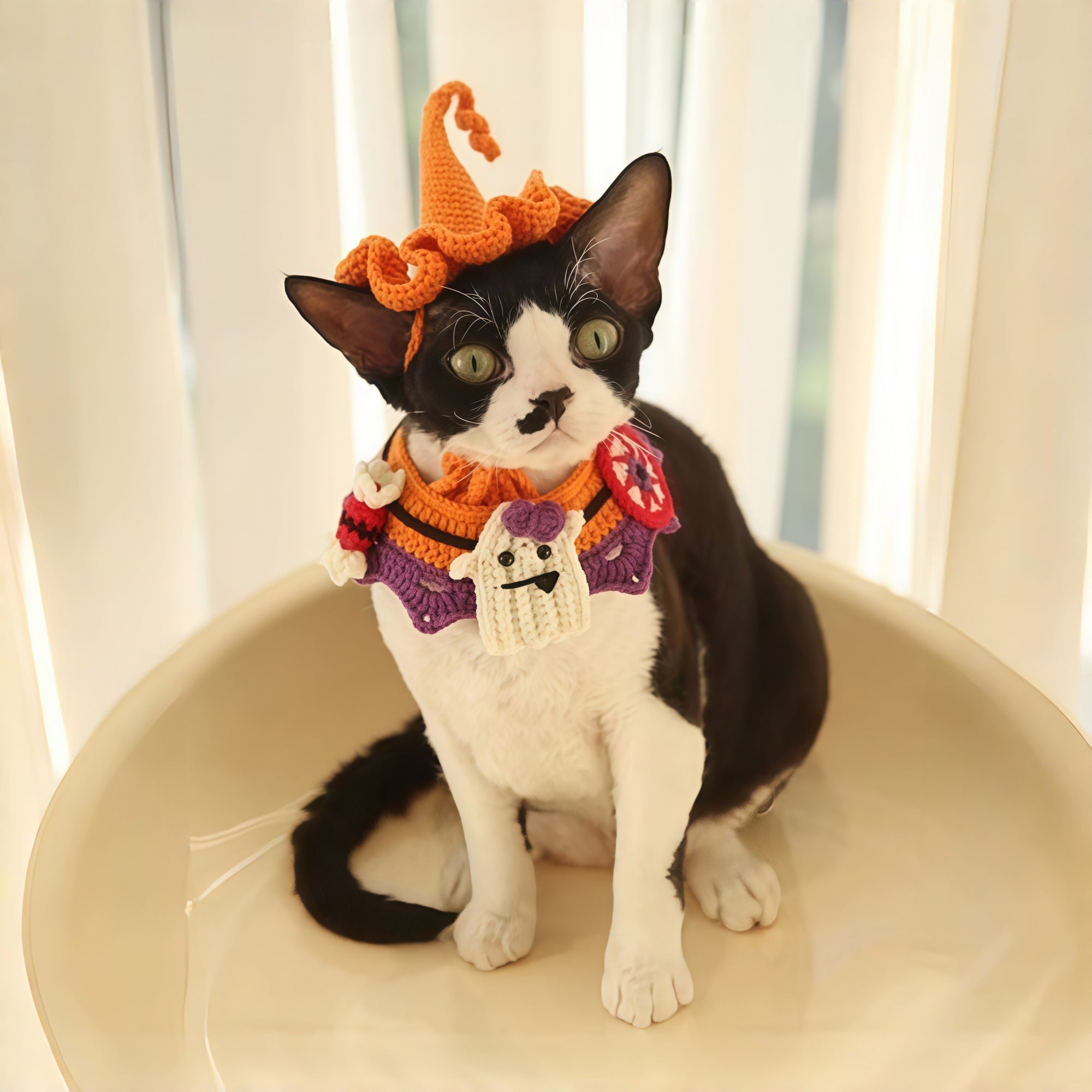 Hand-Knit Halloween Pet Collar Bib with Hat