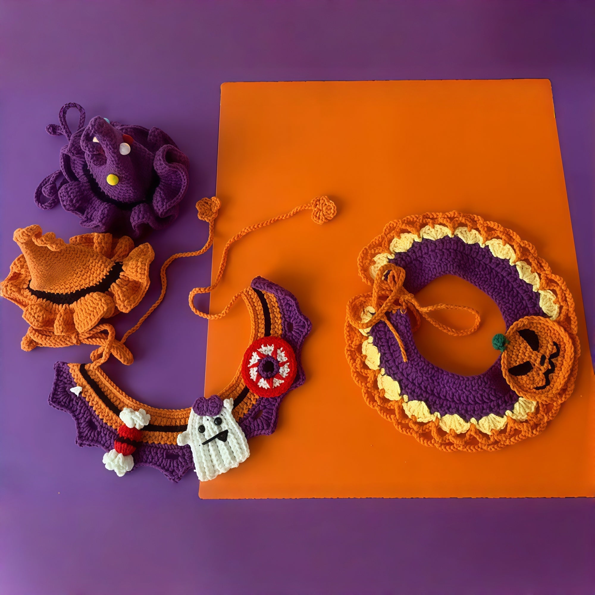 Hand-Knit Halloween Pet Collar Bib with Hat