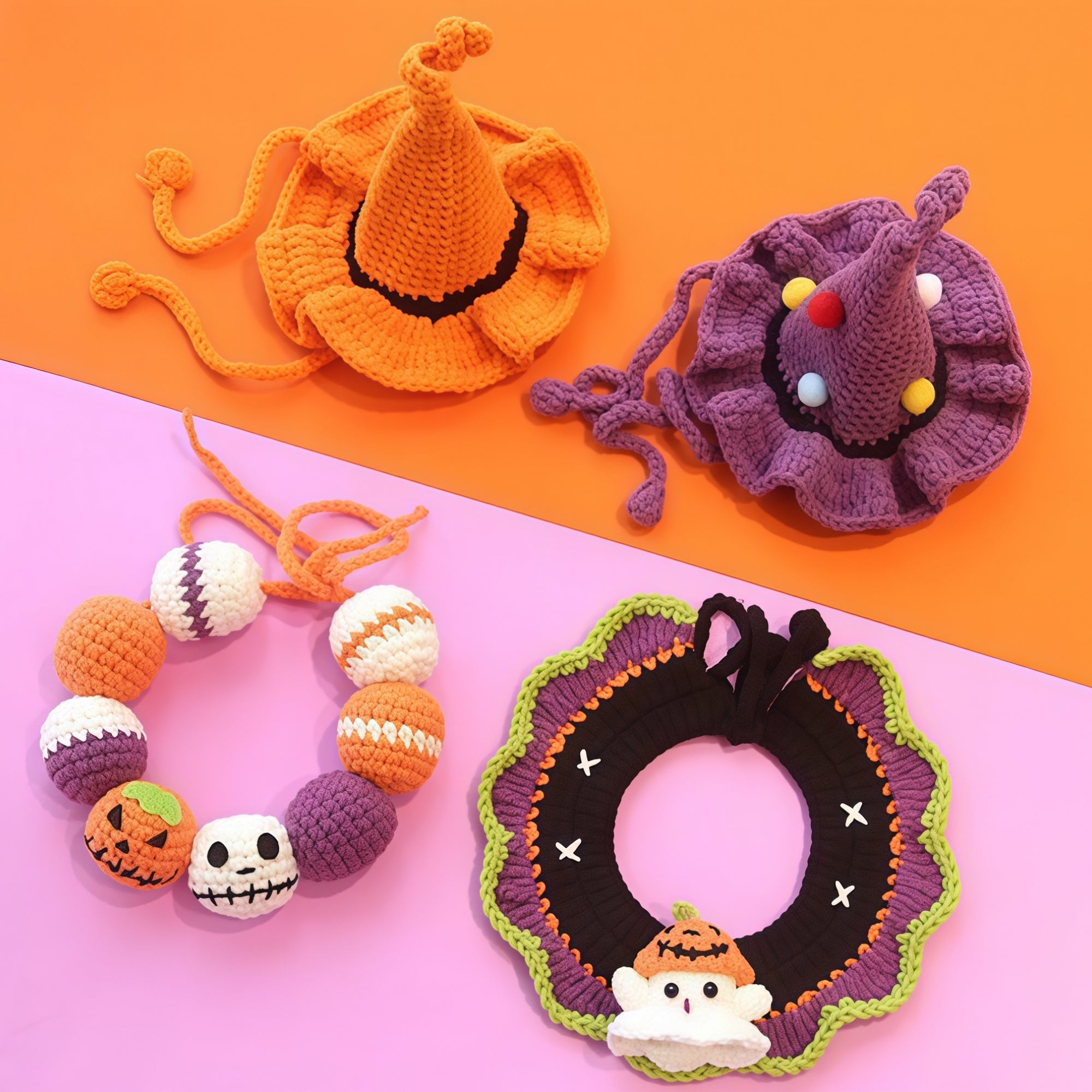 Hand-Knit Halloween Pet Collar Bib with Hat