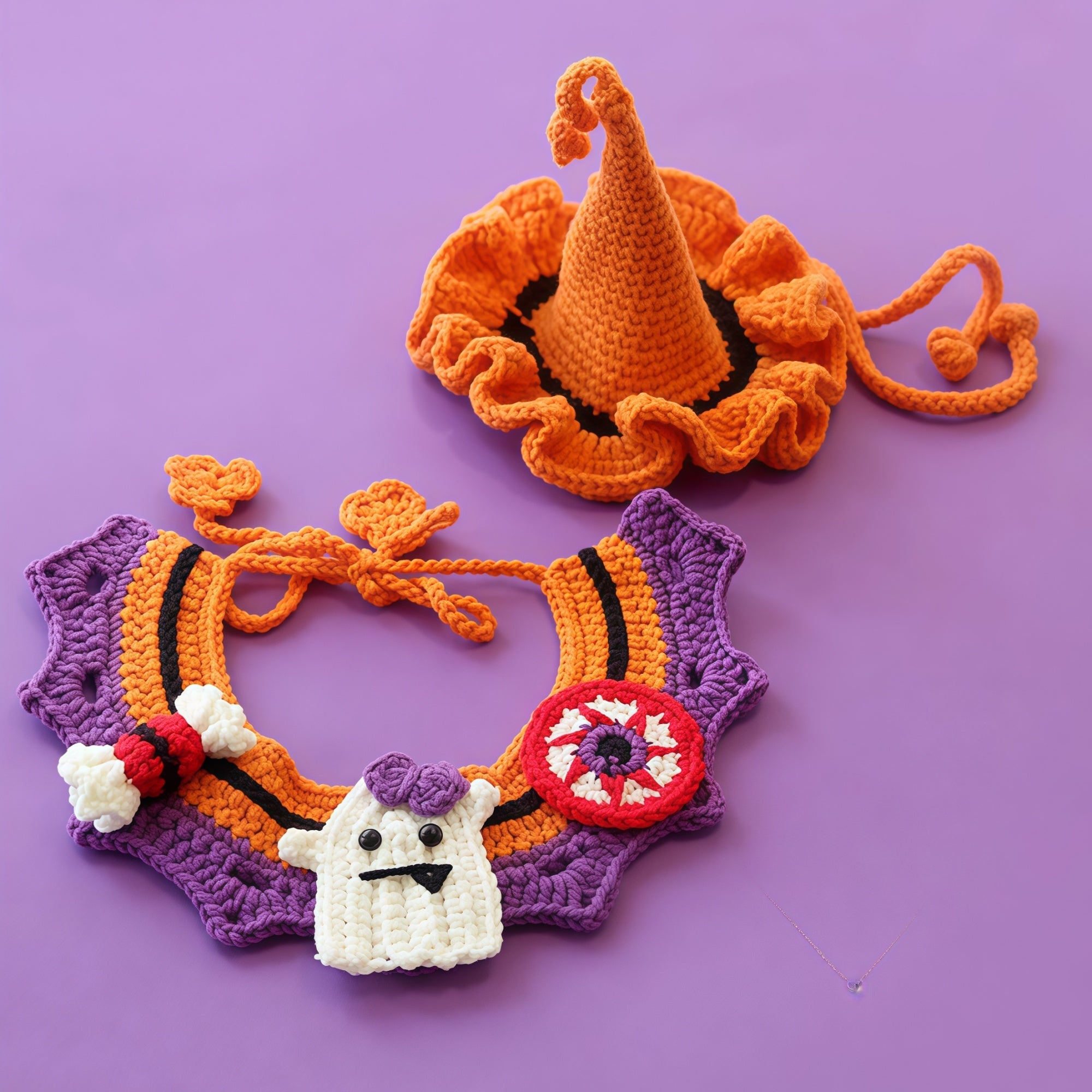Hand-Knit Halloween Pet Collar Bib with Hat