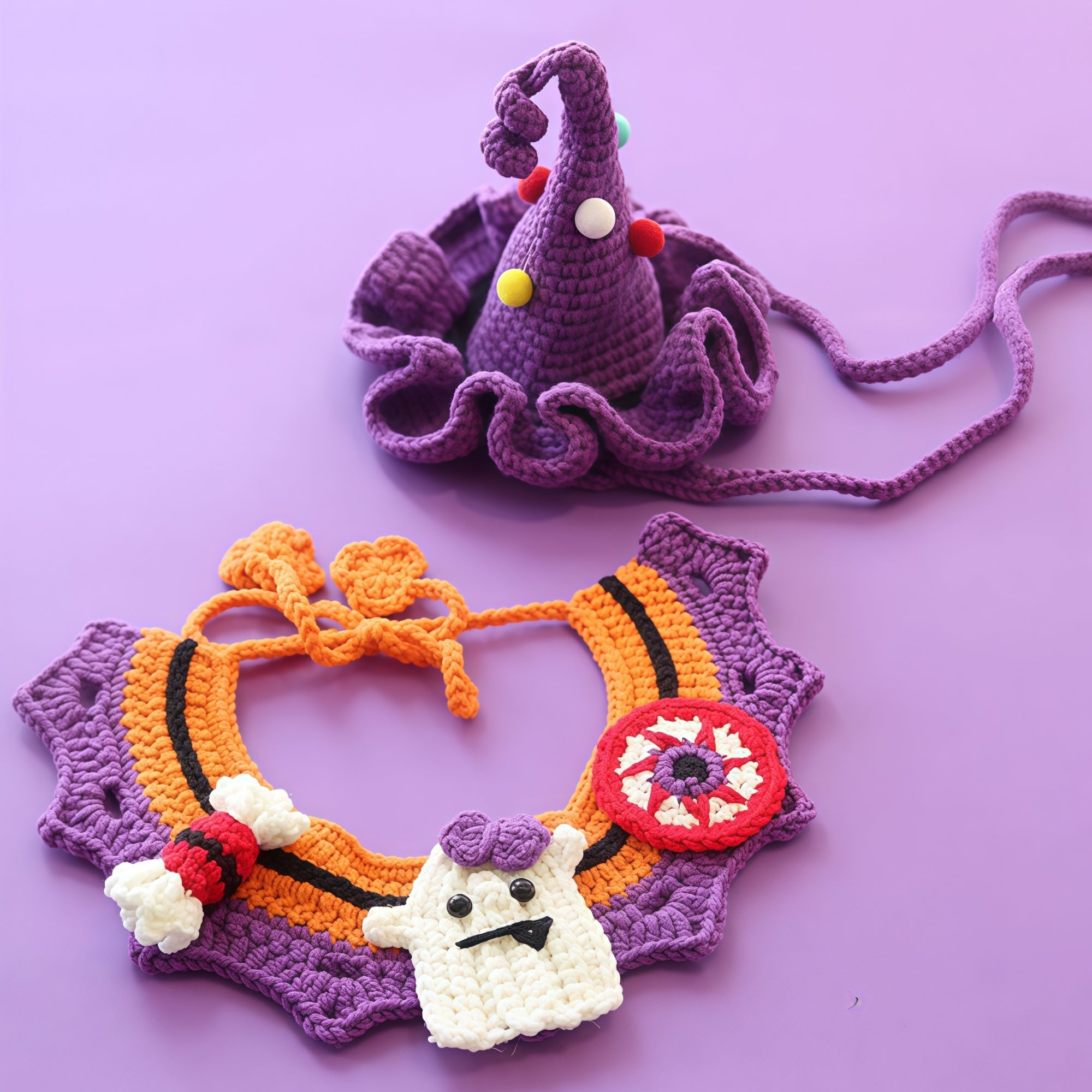 Hand-Knit Halloween Pet Collar Bib with Hat