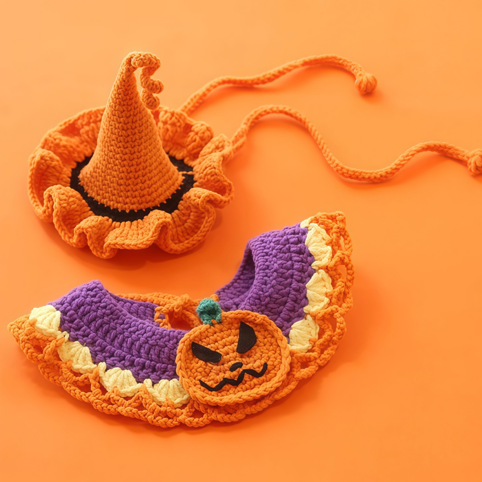 Hand-Knit Halloween Pet Collar Bib with Hat