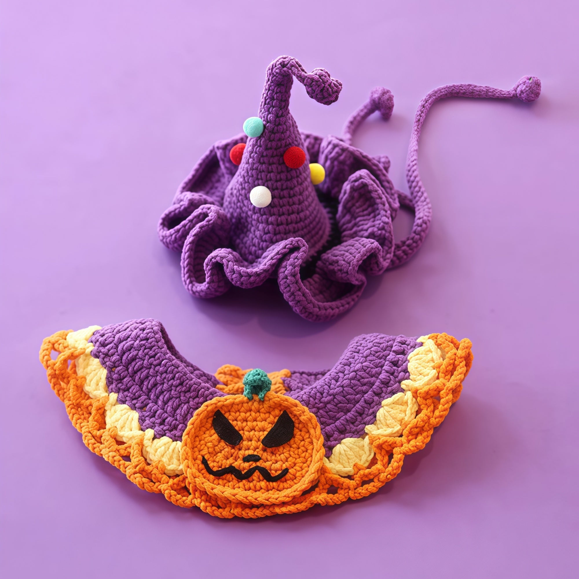 Hand-Knit Halloween Pet Collar Bib with Hat
