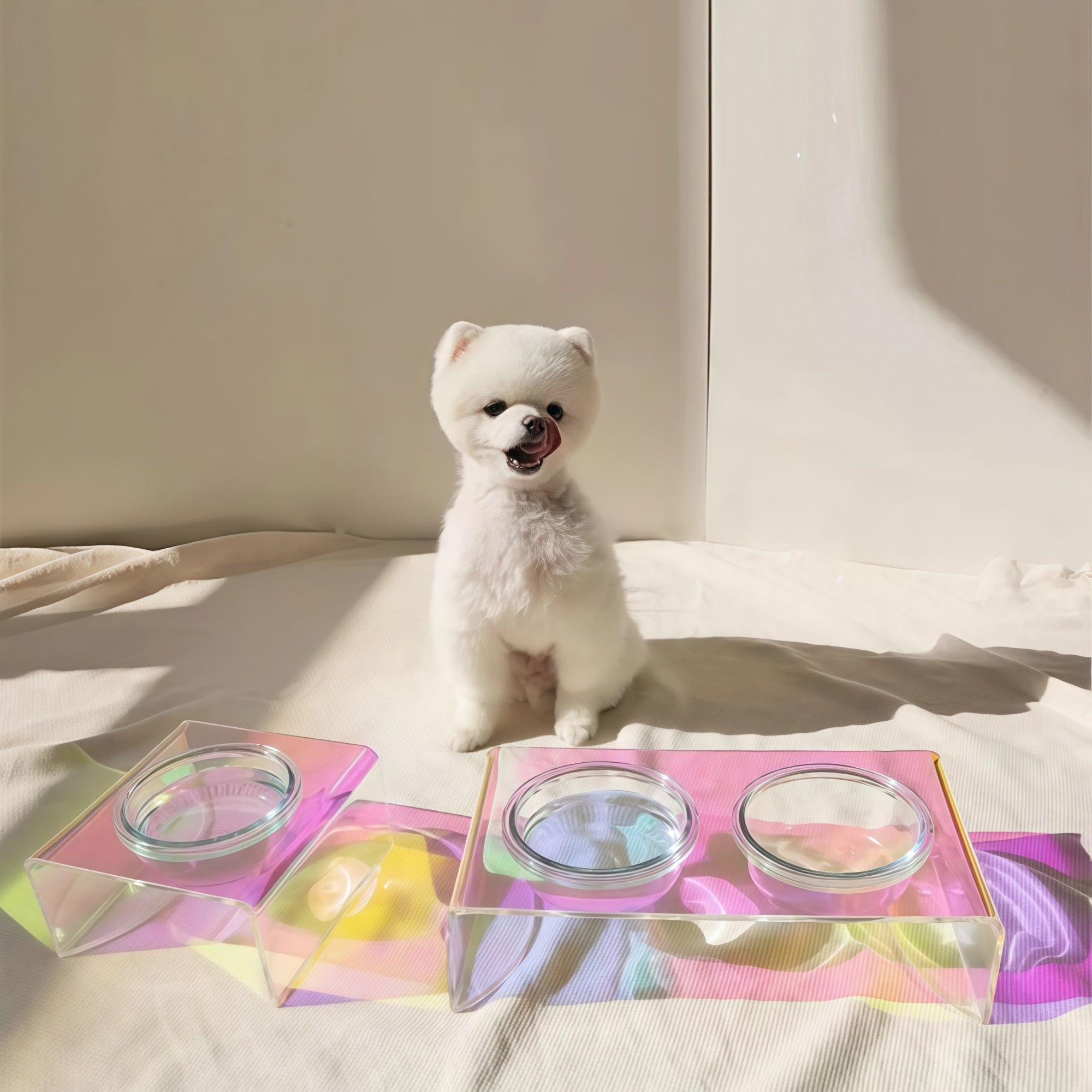 Holographic Acrylic Pet Bowl Stand with Glass Bowl