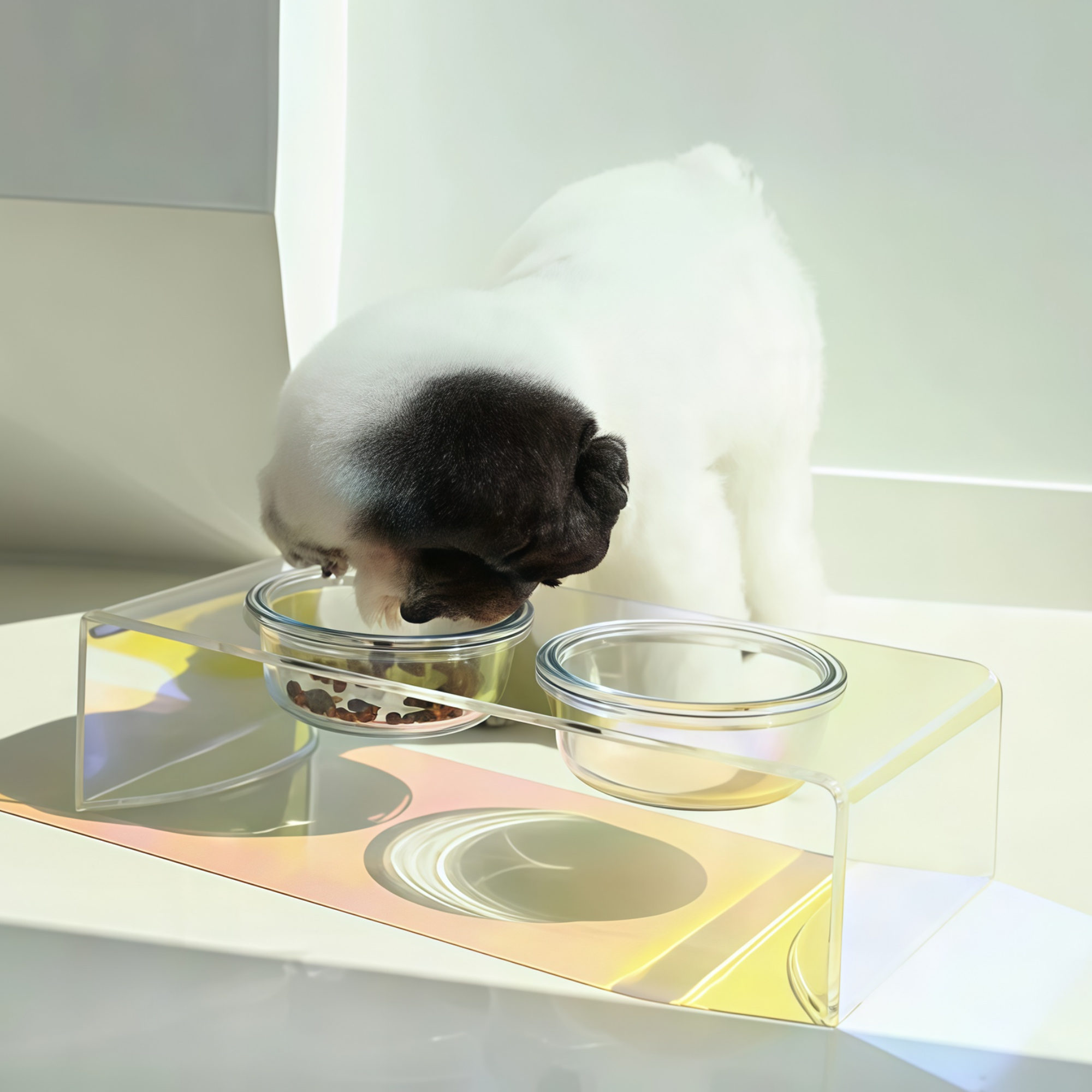 Holographic Acrylic Pet Bowl Stand with Glass Bowl