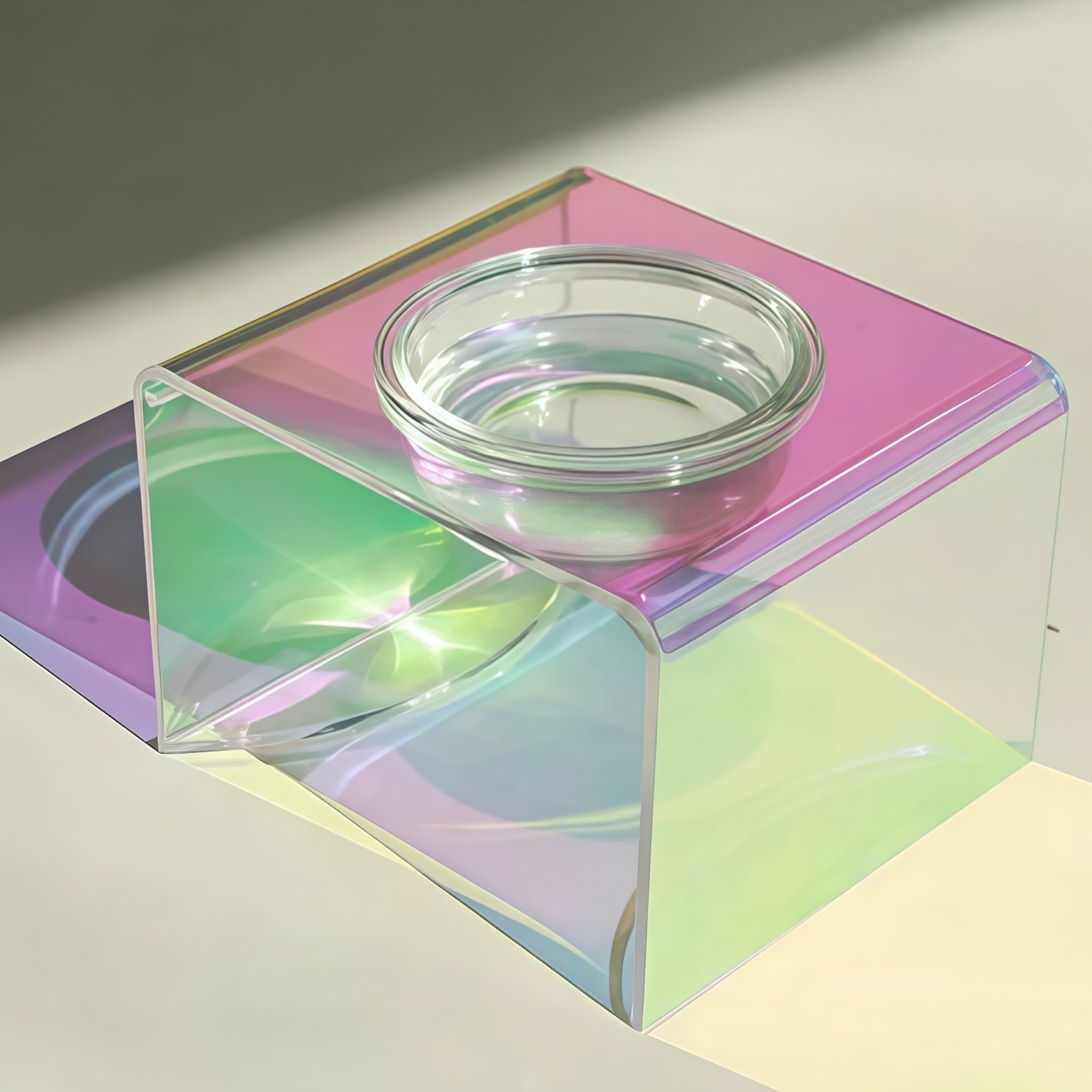 Holographic Acrylic Pet Bowl Stand with Glass Bowl