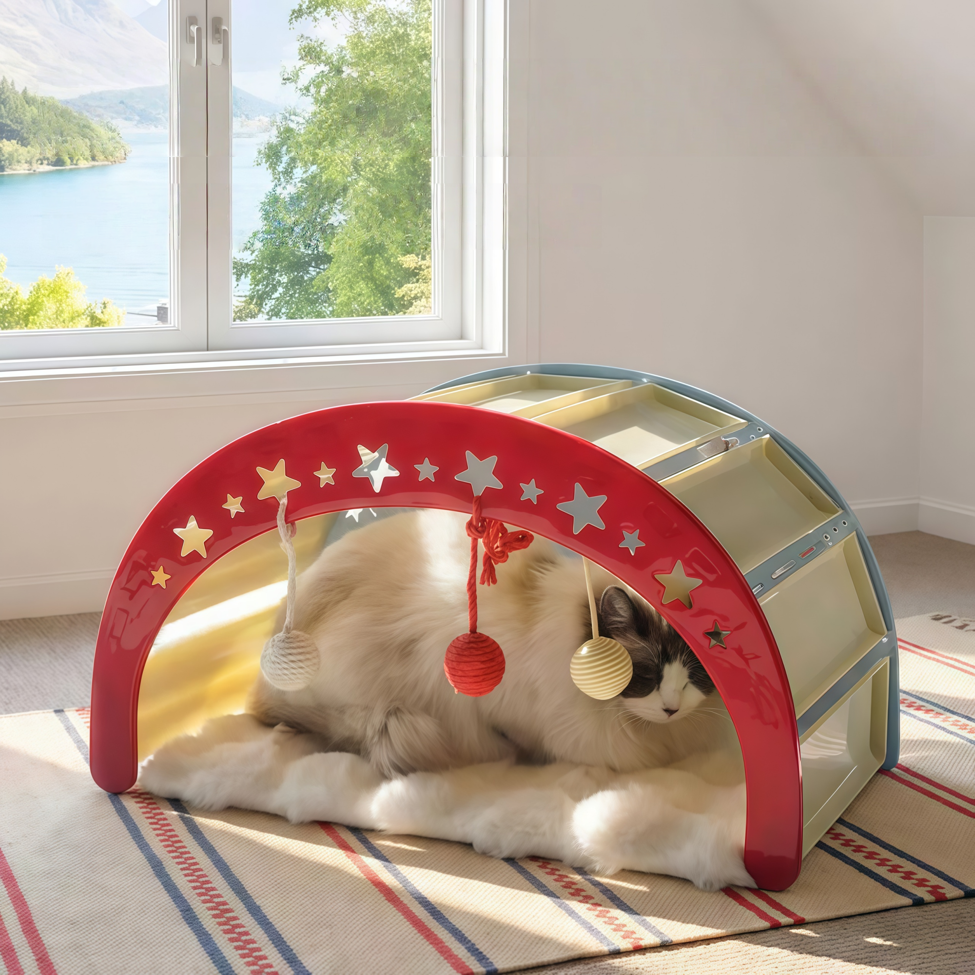 pawlette blue cat rocker bed set for rest, scratching, and enrichment