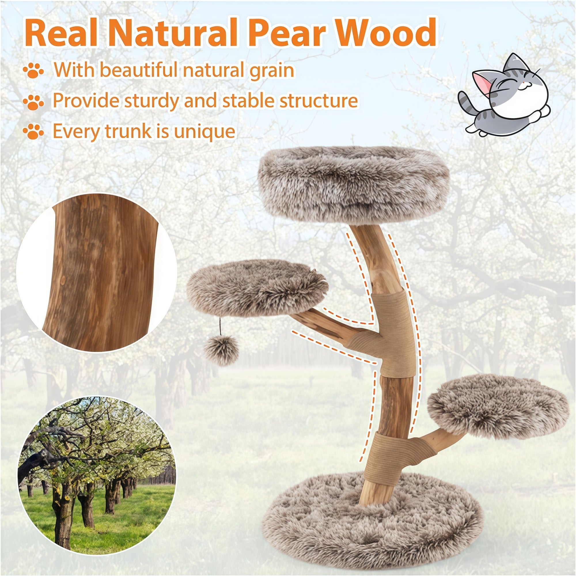 4-Tier Natural Pear-Wood Cat Tree
