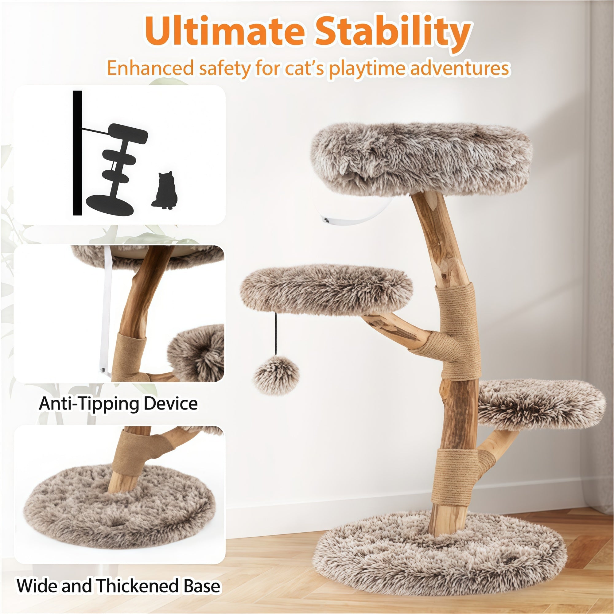 4-Tier Natural Pear-Wood Cat Tree
