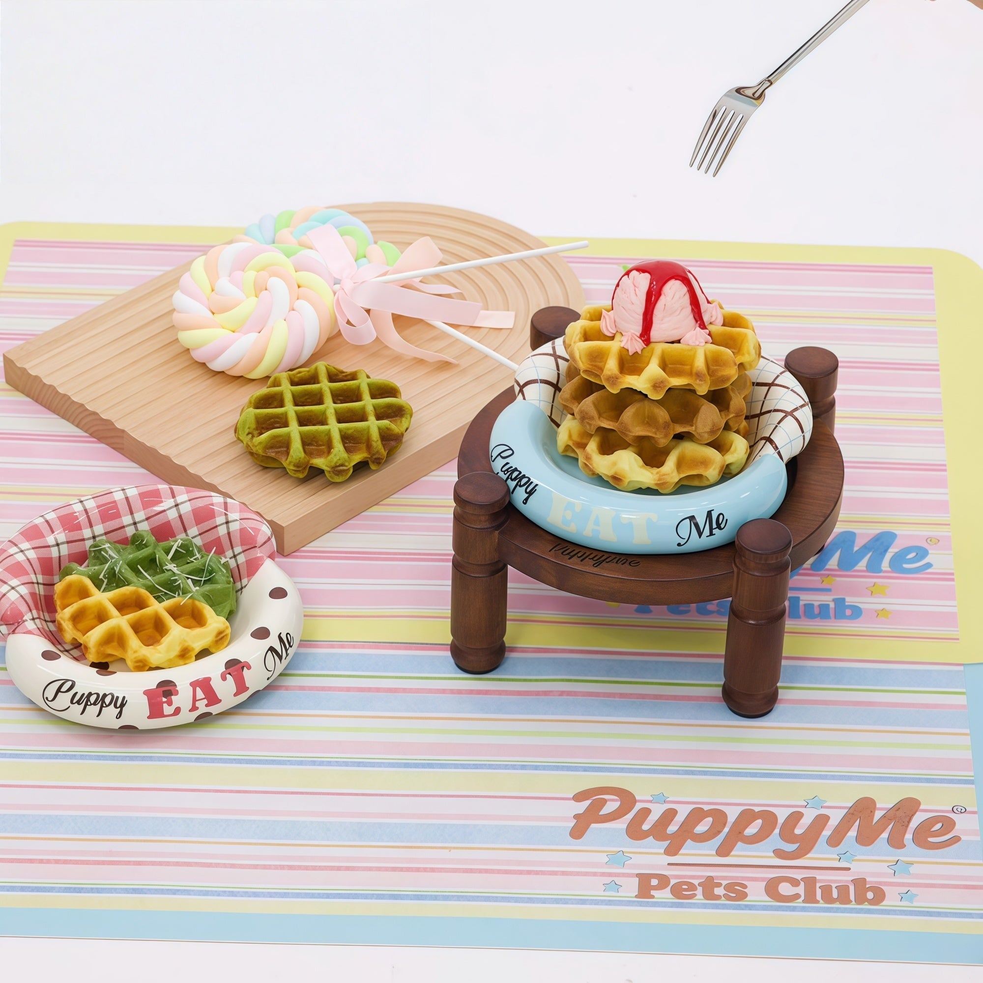 Walnut Wood Bowl Stand + Ceramic Pet Bowl Set