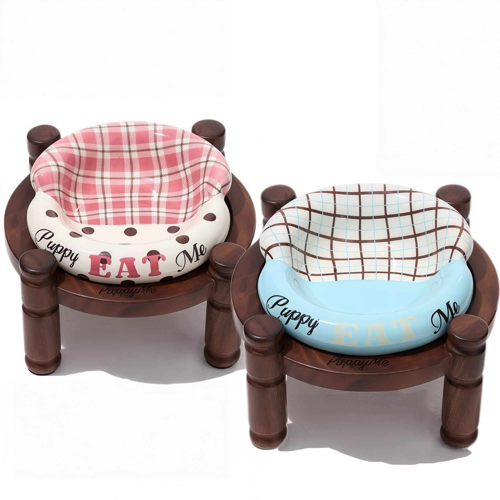 Walnut Wood Bowl Stand + Ceramic Pet Bowl Set