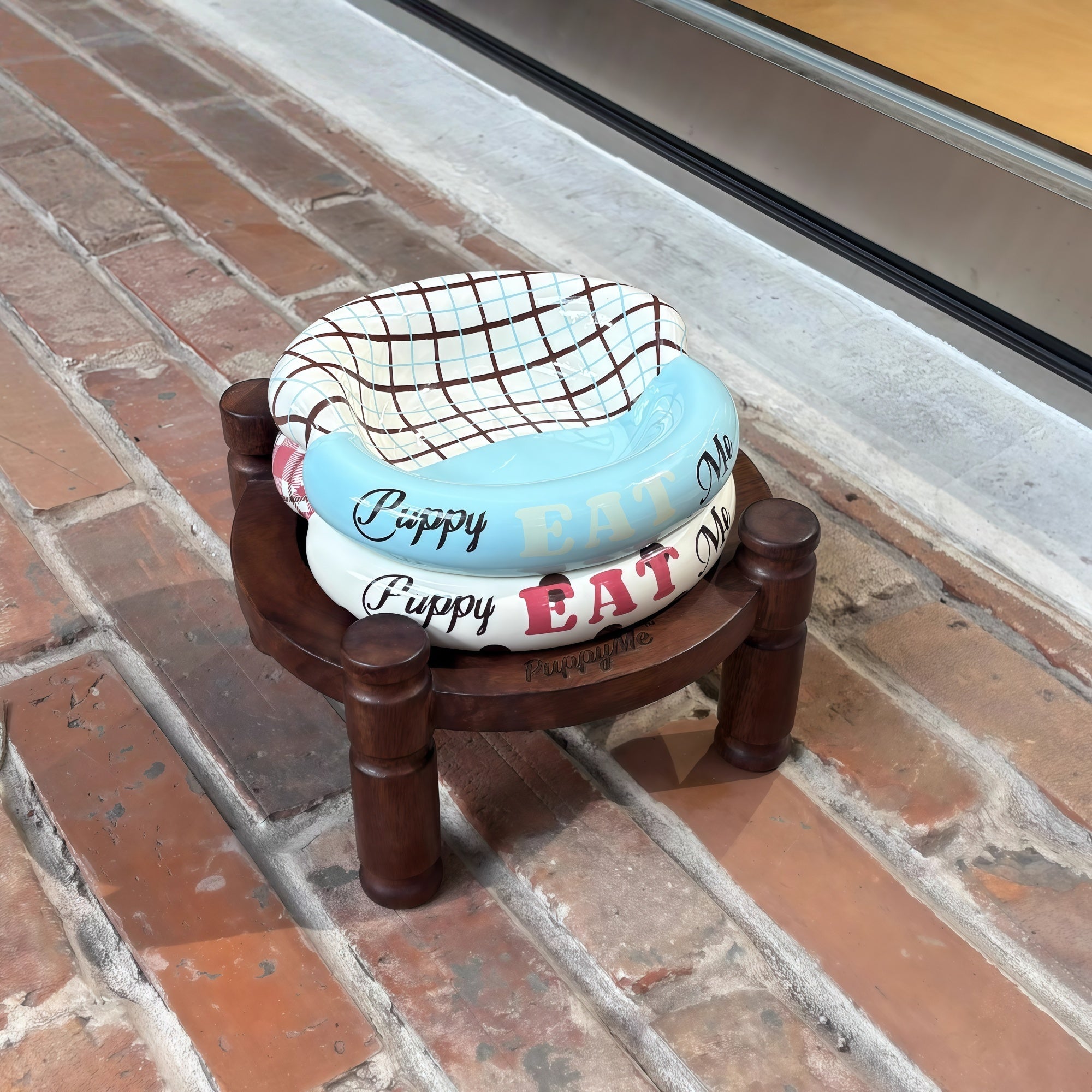 Walnut Wood Bowl Stand + Ceramic Pet Bowl Set