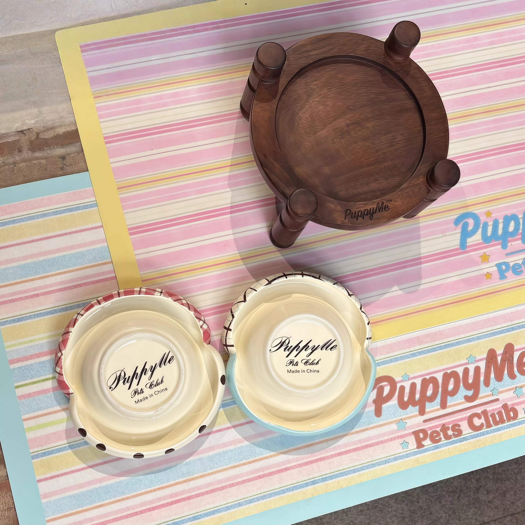 Walnut Wood Bowl Stand + Ceramic Pet Bowl Set